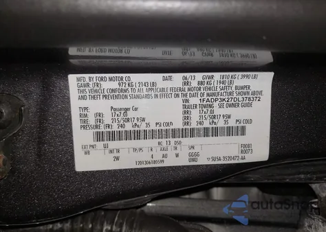 2013 Ford Focus Se z USA, uszkodzony, nr VIN 1FADP3K27DL378372